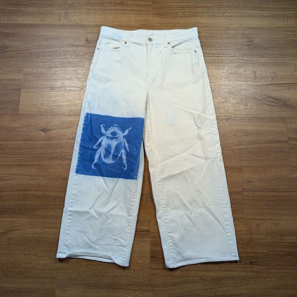 Uniqlo Wide Leg Drapey Jeans Size 27 White Cropped Scarab Art Indie Y2K 90's